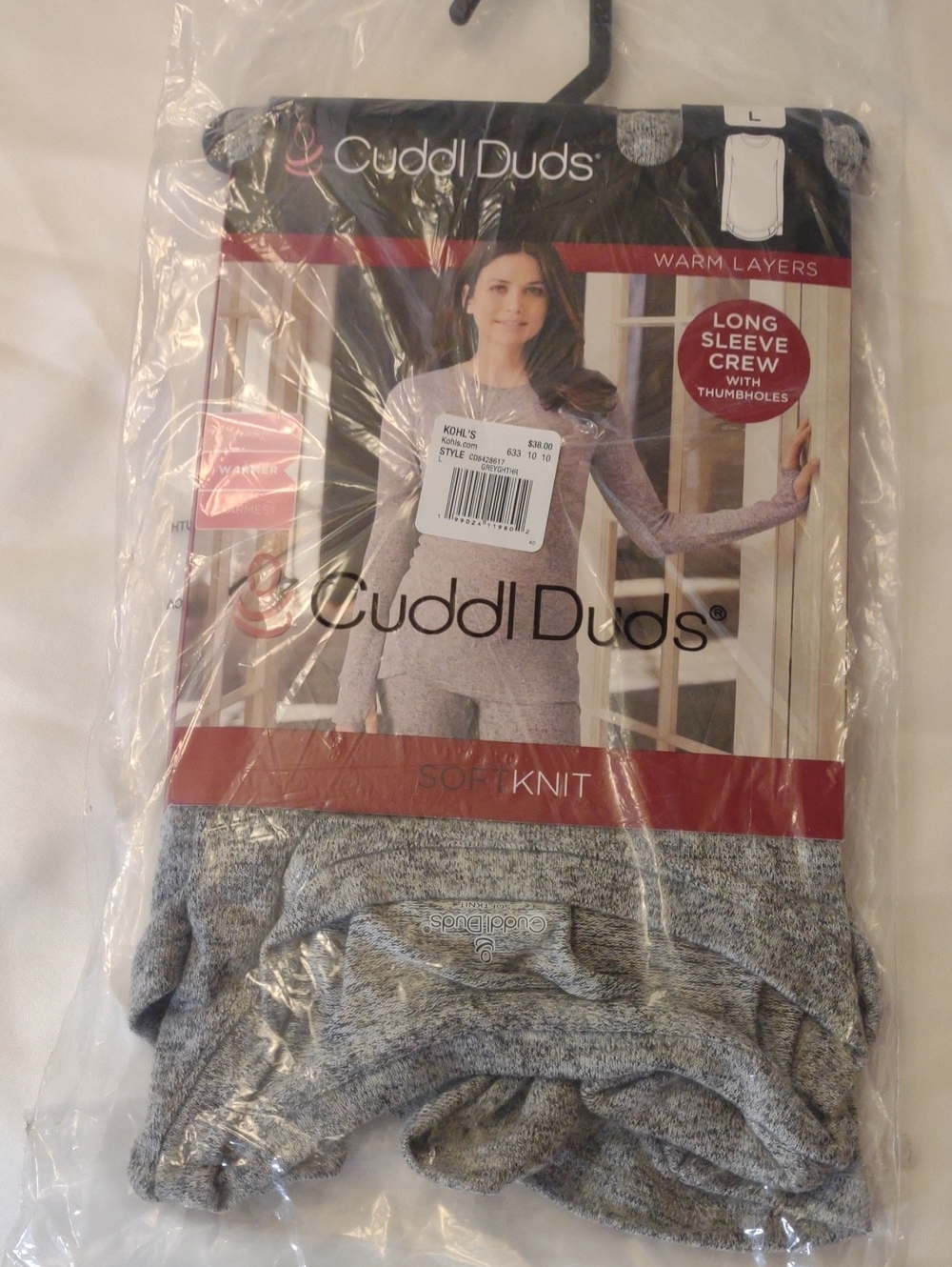 NWT Cuddl Duds Heather Gray Long Sleeve Crew Sweater w/Thumbholes - Sz. L